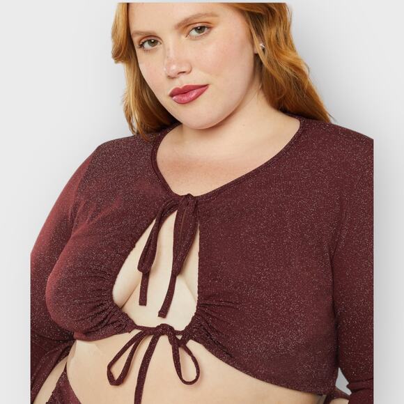 Savage Fenty Sleep & Shing Long Sleeve Crop Tee | Plus Size 3X | Maroon Glitter - Picture 8 of 8